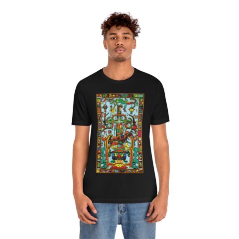 Black tee with the King Pacal sarcophagus lid illustration