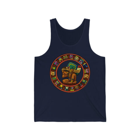 Navy tank top with the Mayan calendar glyph ring