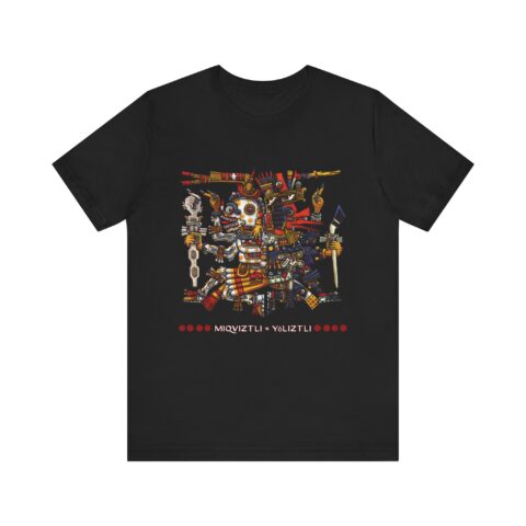 Black tee with the Miquiztli and Yoliztli illustration