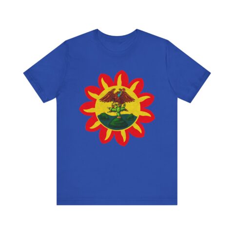 Blue tee with the Mexica flag sun and eagle