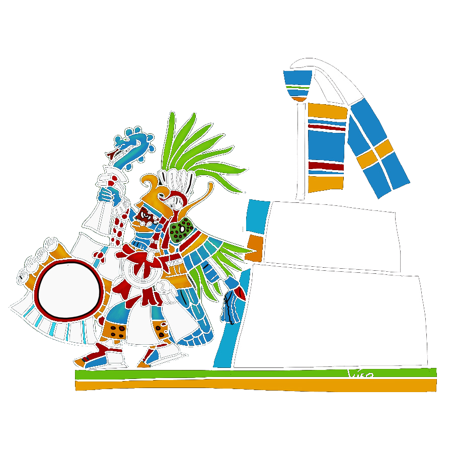 Huitzilopochtli, Aztec god of war, standing before his temple with shield and feathers