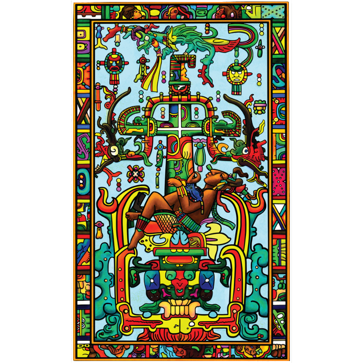 King Pacal of Palenque, Maya ruler, in colorful pre-Columbian relief art