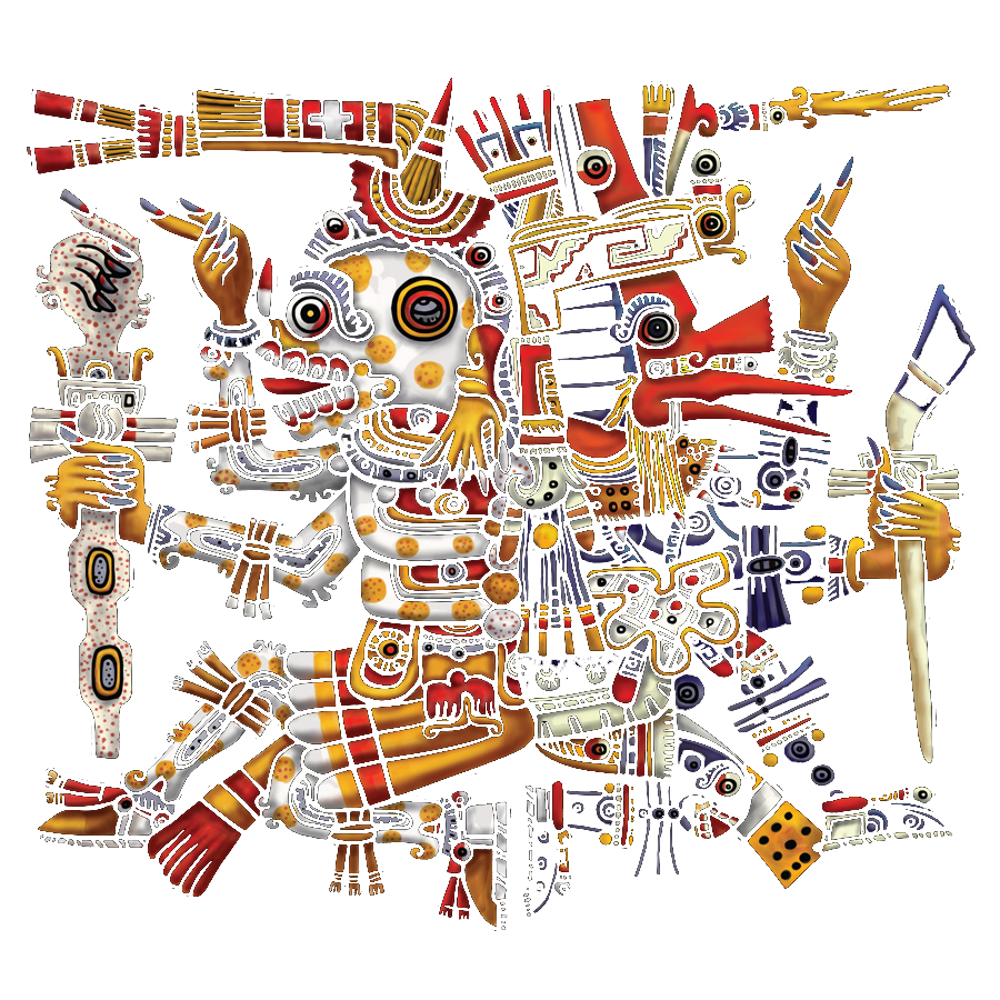 Mictlantecuhtli and Quetzalcoatl, Aztec gods of death and life, in codex style