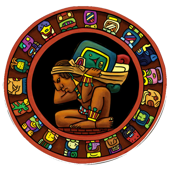 Maya calendar wheel with ancient glyphs in red, gold and green