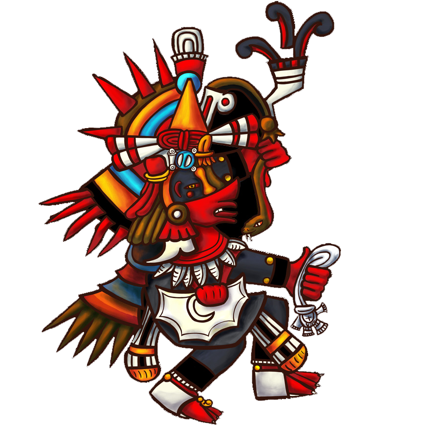 Quetzalcoatl, the Aztec feathered serpent god, in red, black and gold codex style