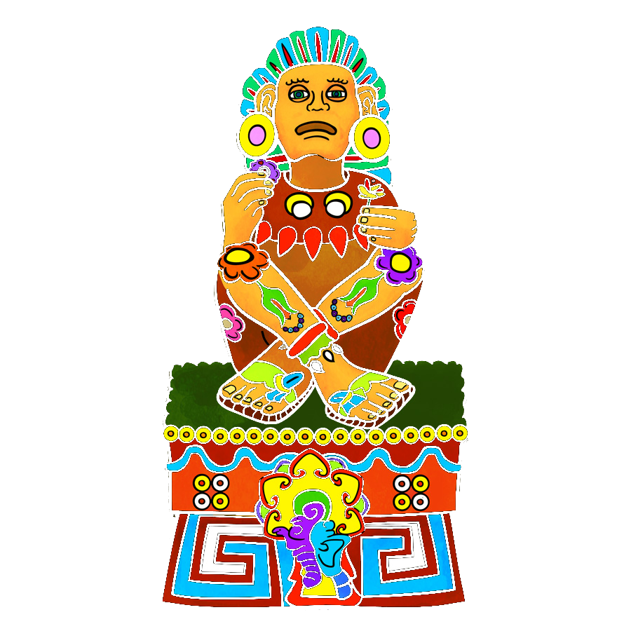 Xochipilli, Aztec god of flowers and art, seated on a decorated throne