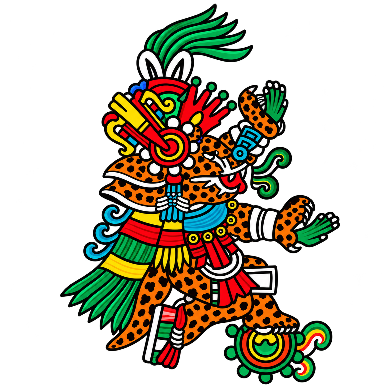 Mexica jaguar warrior illustration in red, yellow, green and orange